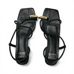 Chase & Chloe Black Strappy Square Toe Slingback Gold Darwyn Heels